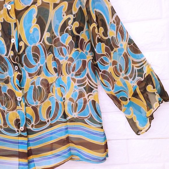 Lot of 2 Tops Sheer Blouses Geometric Patterned -M(10) Open-Front Button-up - Picture 8 of 13